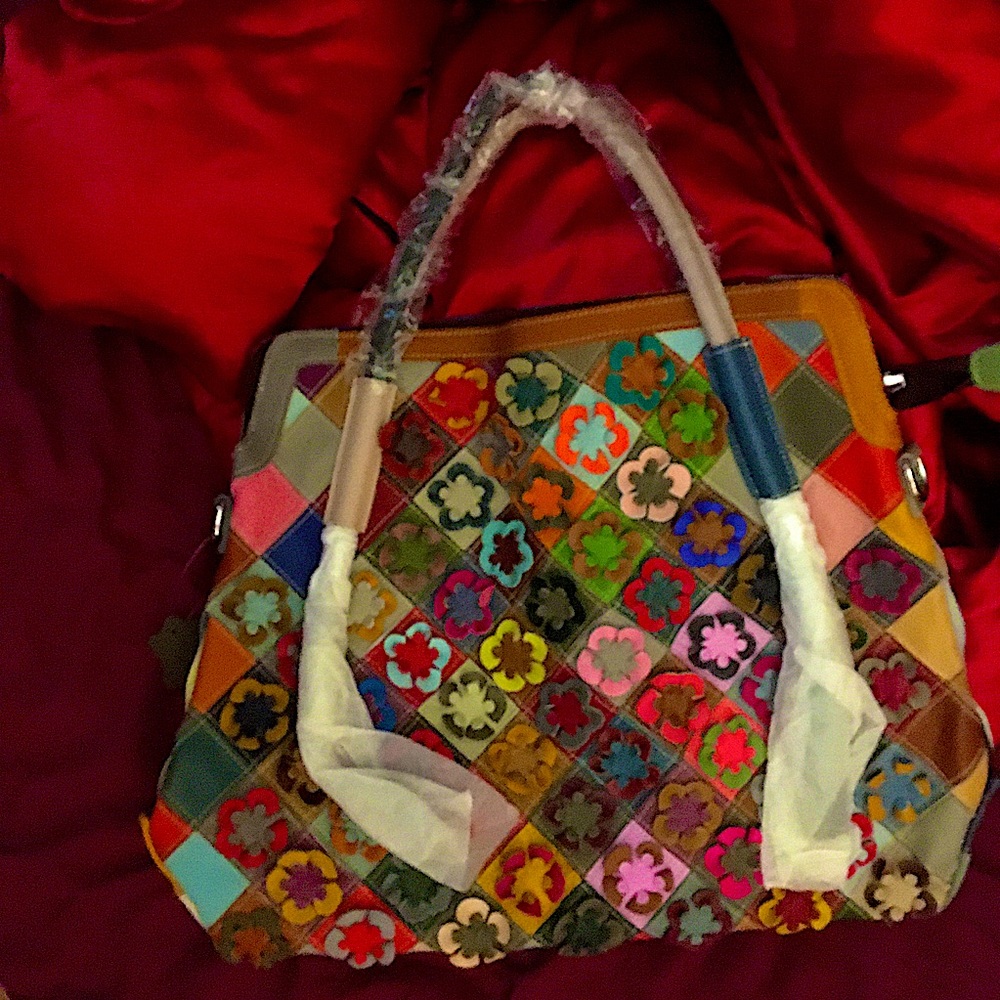 Brand-New Genuine Leather Handbag Flowers Red White Brown Pink etc …